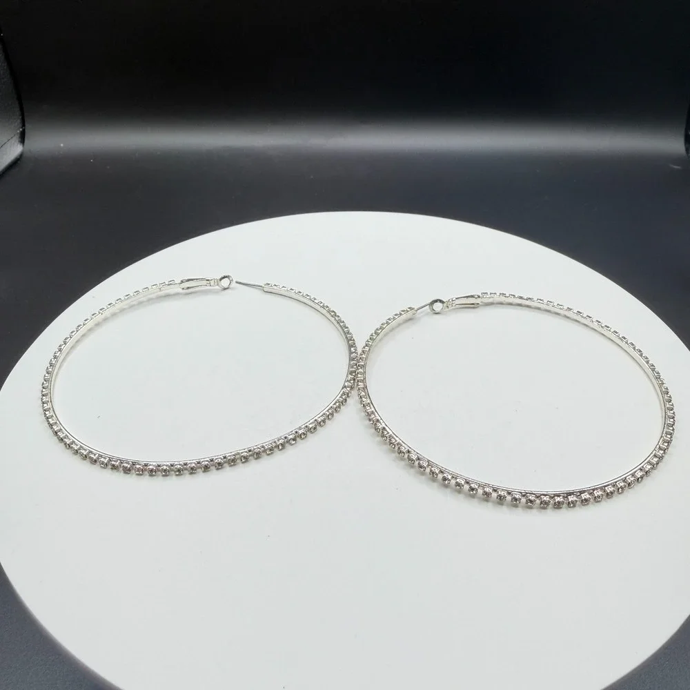 Large Rhinestone Hoop Earrings Silver Tone Sparkly Statement Y2K Party Gift